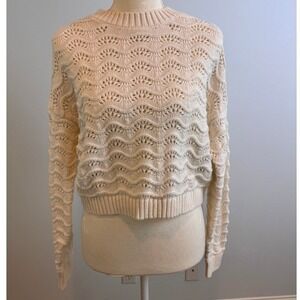 Hollister Pointelle Knit‎ Sweater Womens S Cream Scallop Crochet Boho Minimalist